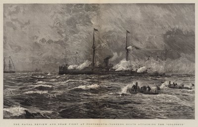 A Naval Review és a Sham harc Portsmouthban, Torpedóhajók támadása a Colossus ellen alkotó: William Lionel Wyllie